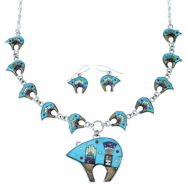 Native American Mesa Design Silver Bear Link Necklace Set PS64231